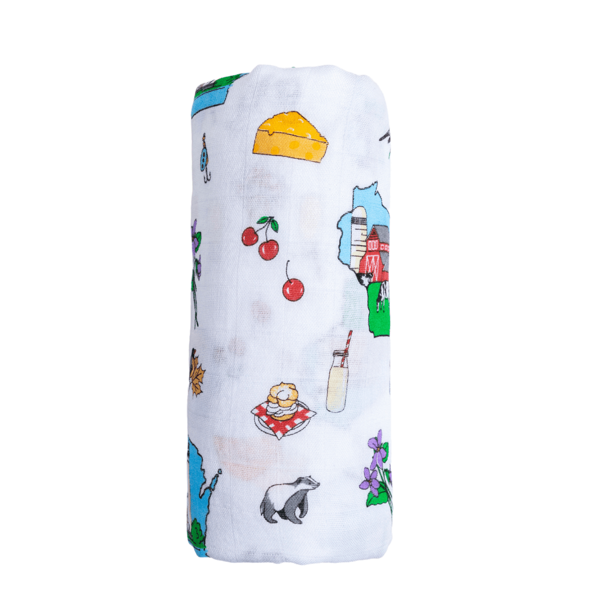 Wisconsin-themed baby muslin swaddle blanket with state icons like cheese, cows, and barns on a white background.