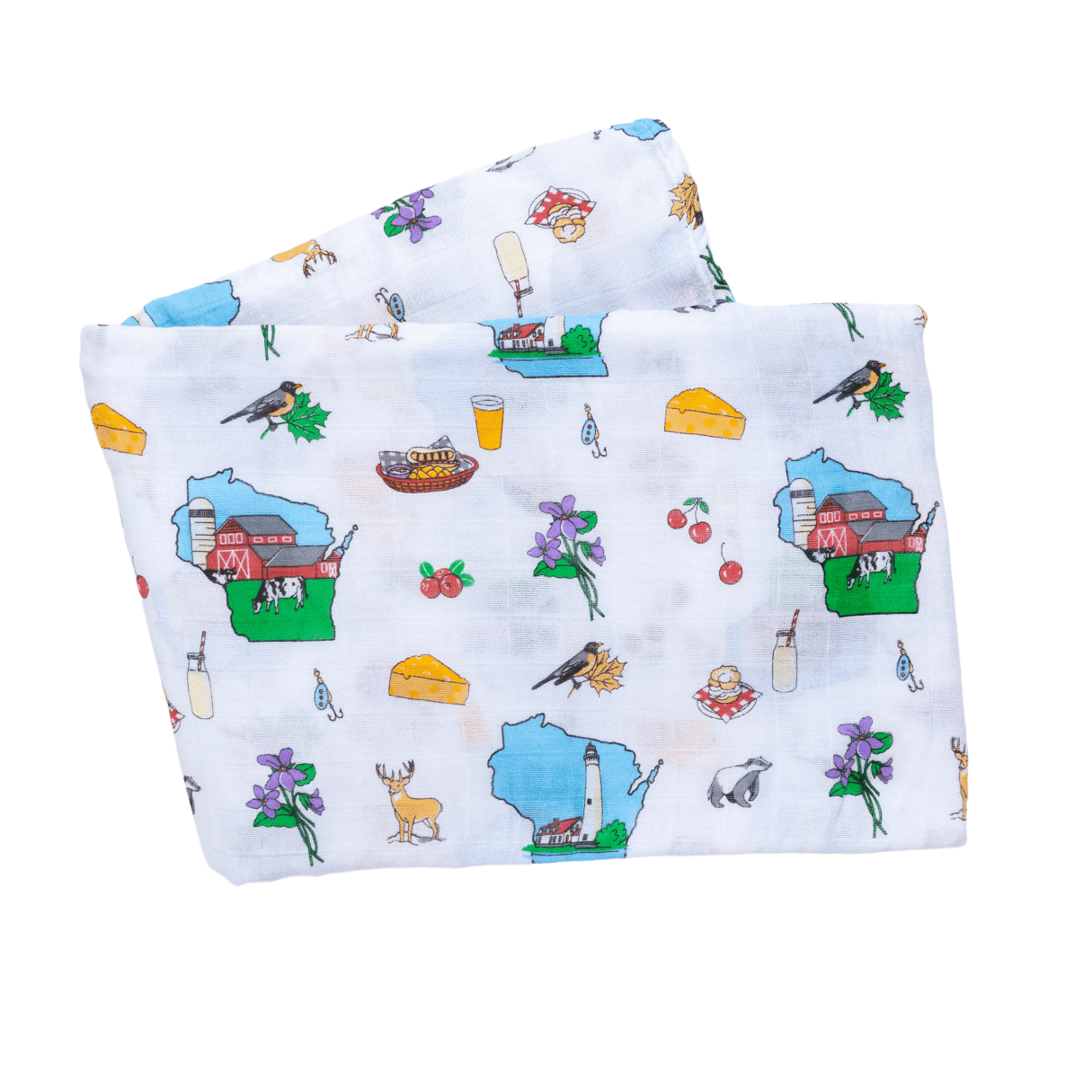 White muslin swaddle blanket with a colorful map of Wisconsin, featuring landmarks, animals, and state symbols.