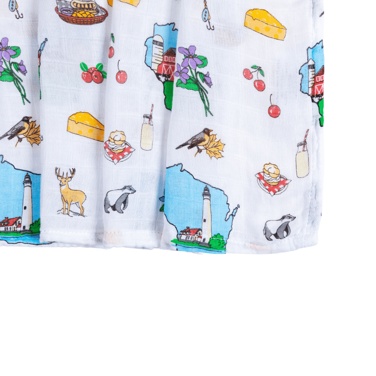 Wisconsin-themed baby muslin swaddle blanket with state icons like cheese, cows, and barns on a white background.