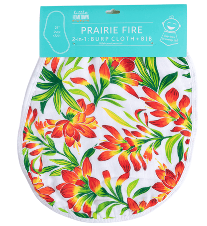 2-in-1 burp cloth and bib combo with a prairie fire design, featuring vibrant red and orange floral patterns.