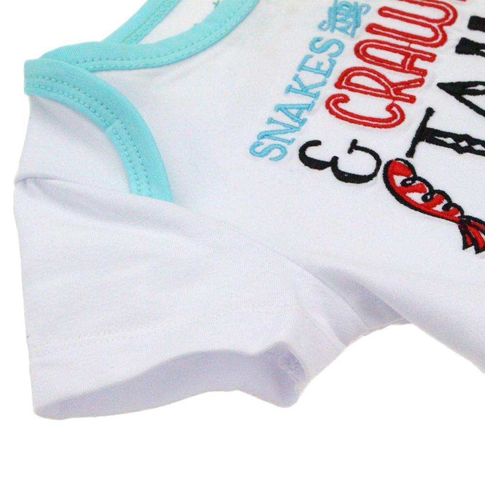 White baby onesie with "Snakes and Snails and Crawfish Tails" text, featuring colorful crawfish illustrations.