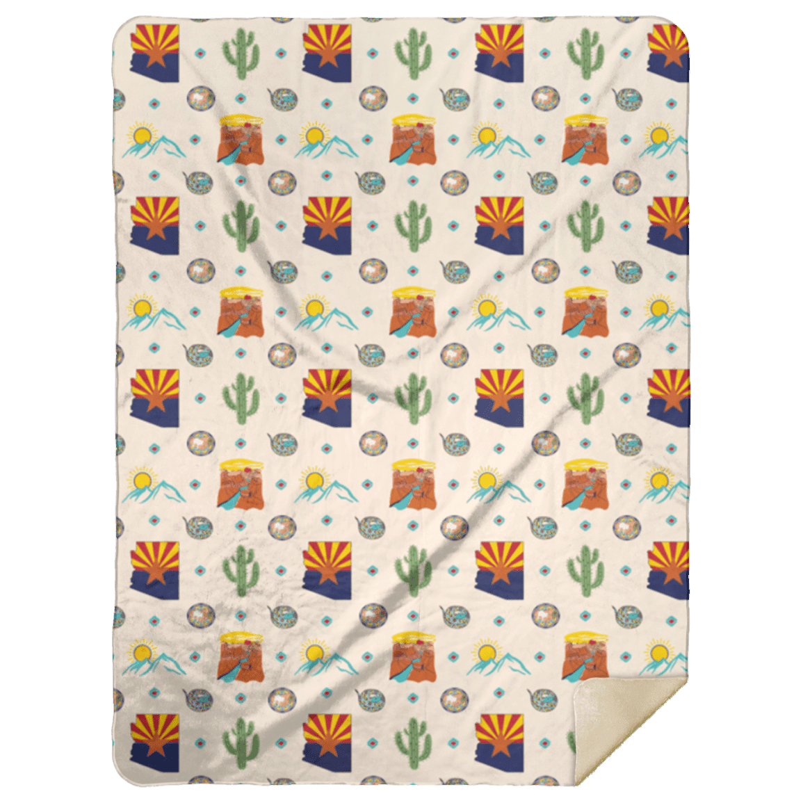 Arizona-themed plush throw blanket with a colorful desert landscape, cacti, and mountains, measuring 60x80 inches.