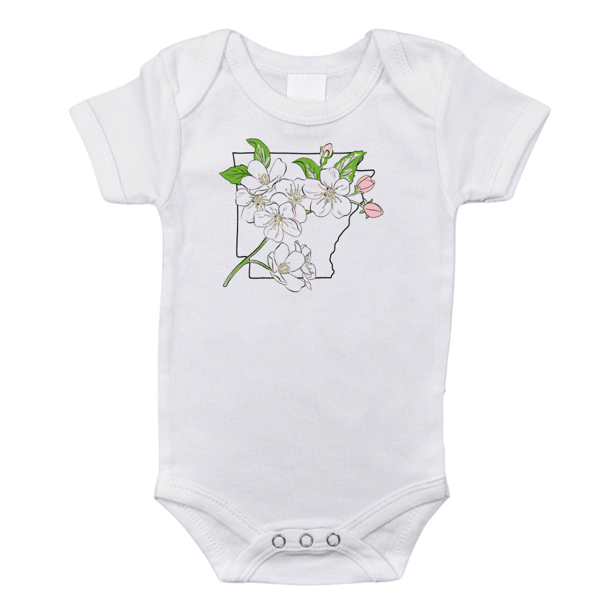 White baby onesie with "Arkansas Apple Blossom" text and pink apple blossom graphic, laid flat on a white background.