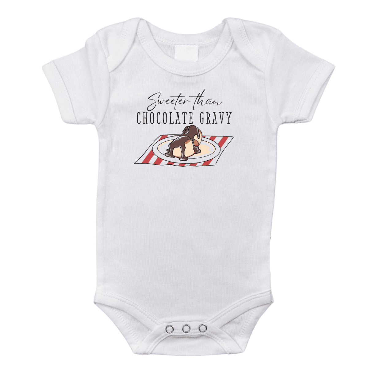 White baby onesie with "Arkansas Chocolate Gravy" text and a cute chocolate gravy illustration on the front.