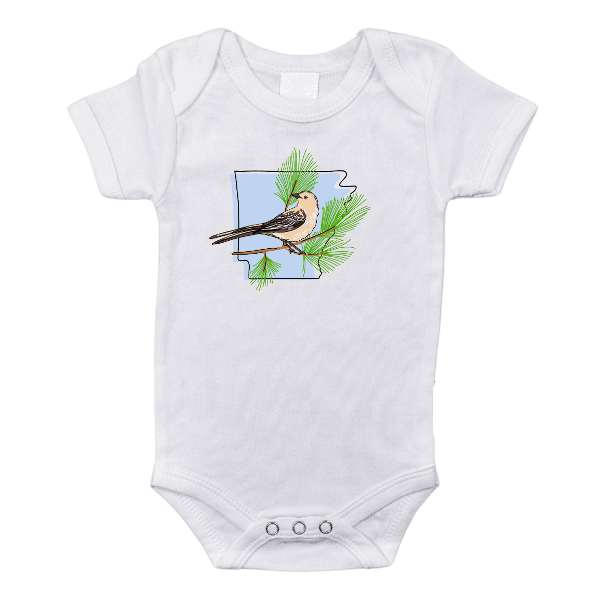 White baby onesie with "Arkansas Pine" in green and a pine tree graphic, evoking a rustic, natural feel.