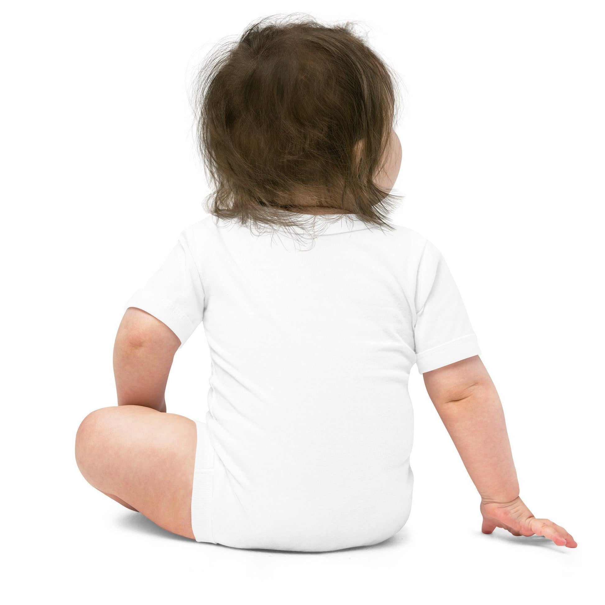 A baby wearing a Little Hometown onesies in white showing only the back with no design, it shows the high quality fabric and full coverage of the item