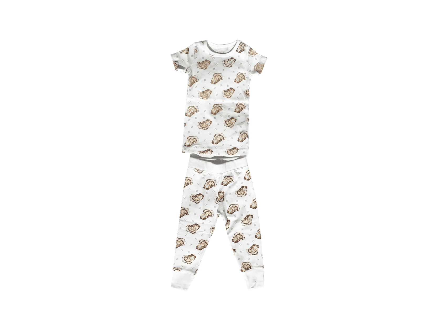 Toddler wearing "Aw Shucks" oyster-themed pajamas, smiling and holding a toy oyster, on a white background.
