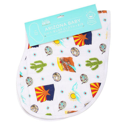 Baby bib and burp cloth set with Arizona-themed prints, featuring cacti, mountains, and desert animals.