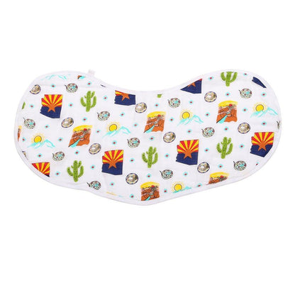 Baby bib and burp cloth set with Arizona-themed prints, featuring cacti and desert landscapes in soft pastel colors.