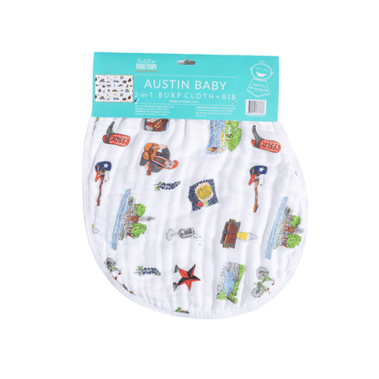 Baby bib and burp cloth set featuring a cute Austin cityscape design with landmarks and playful illustrations.