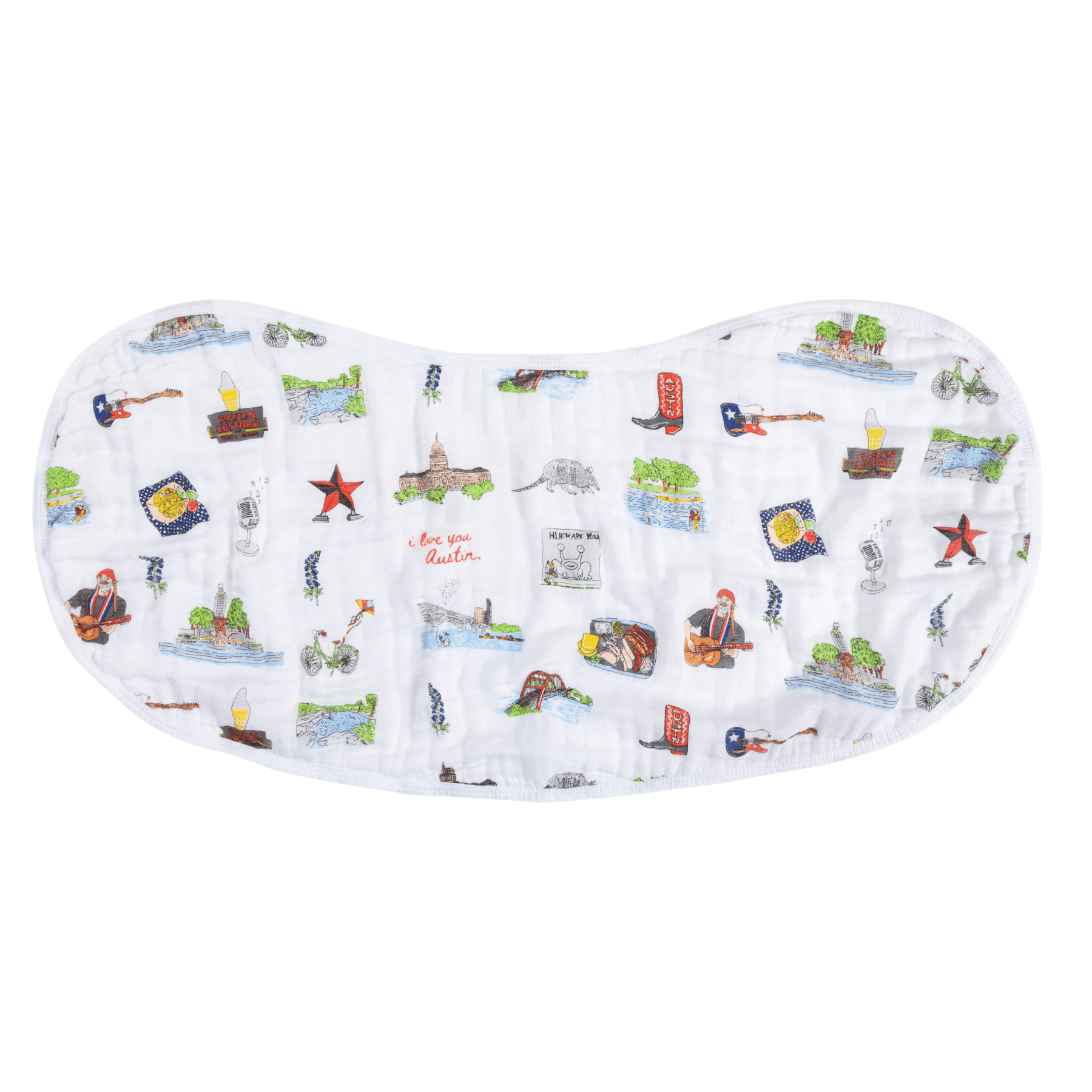 Baby bib and burp cloth set with "Austin" text, featuring colorful Texas-themed illustrations on a white background.