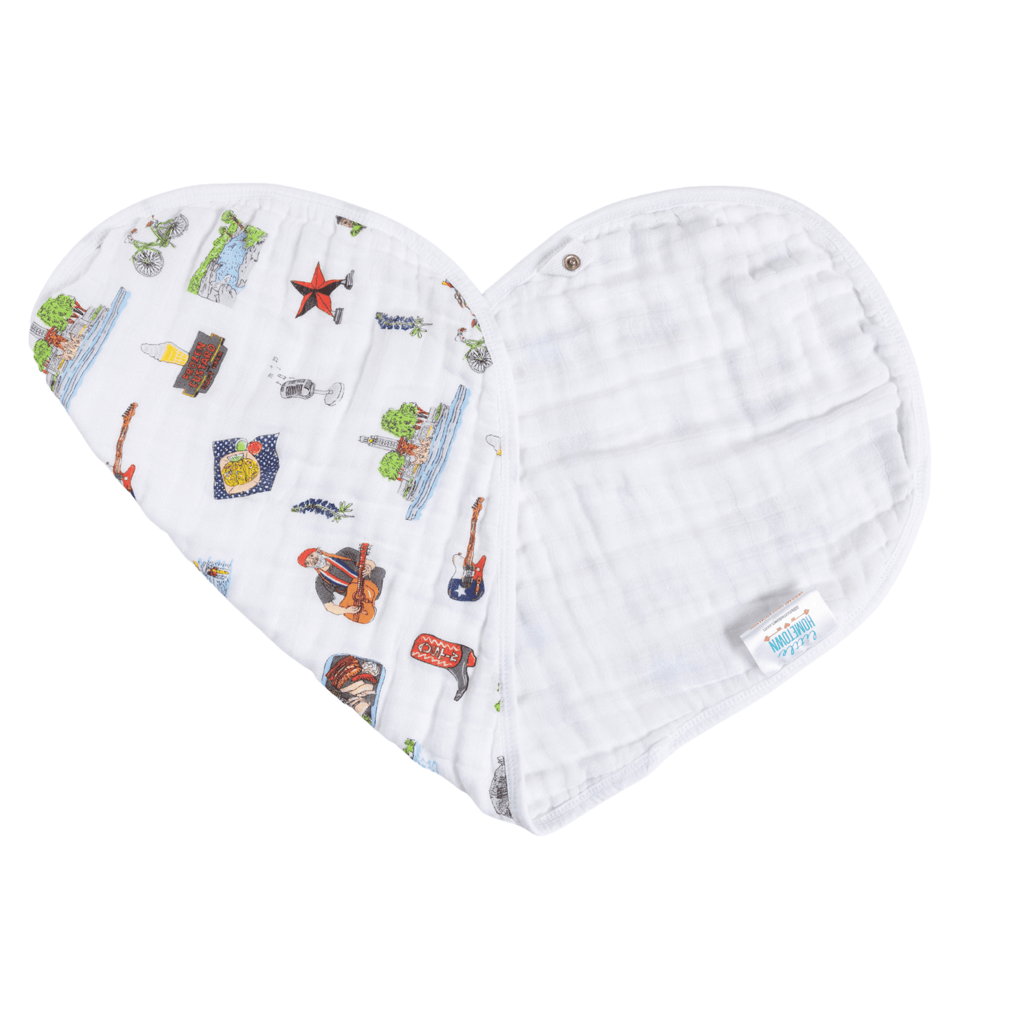 Baby bib and burp cloth set featuring a colorful Austin cityscape with landmarks and "Little Hometown" text.