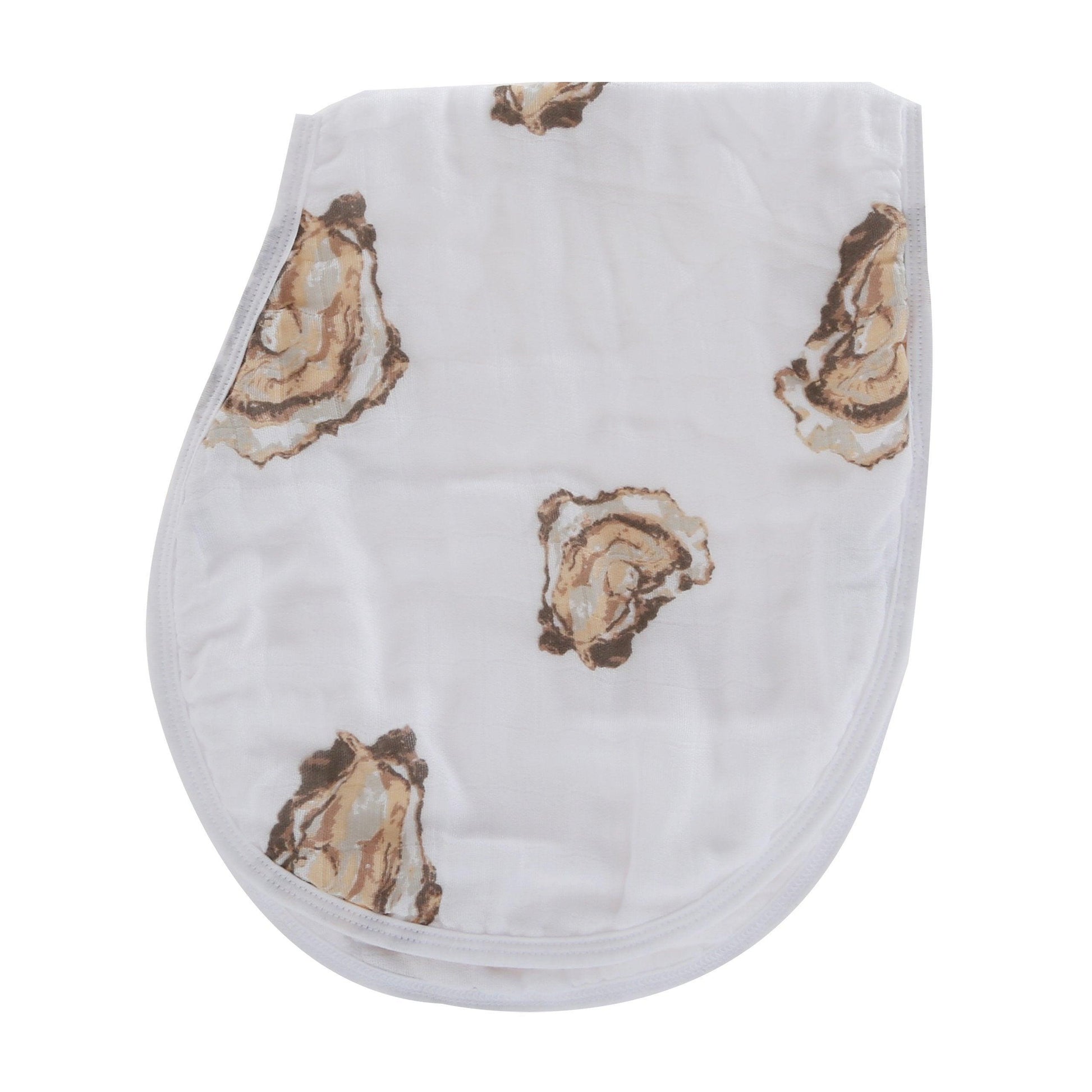 Baby bib and burp cloth set with playful oyster design and "Aw Shucks" text on a white background.