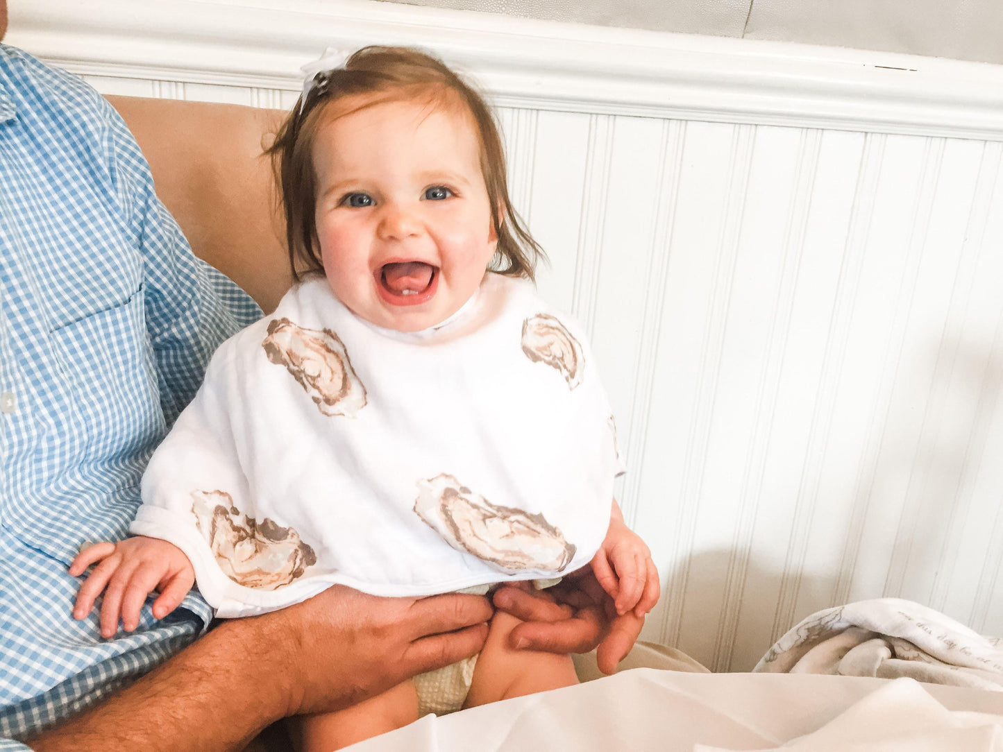 Baby bib and burp cloth set with cute oyster illustrations and "Aw Shucks!" text on a white background.