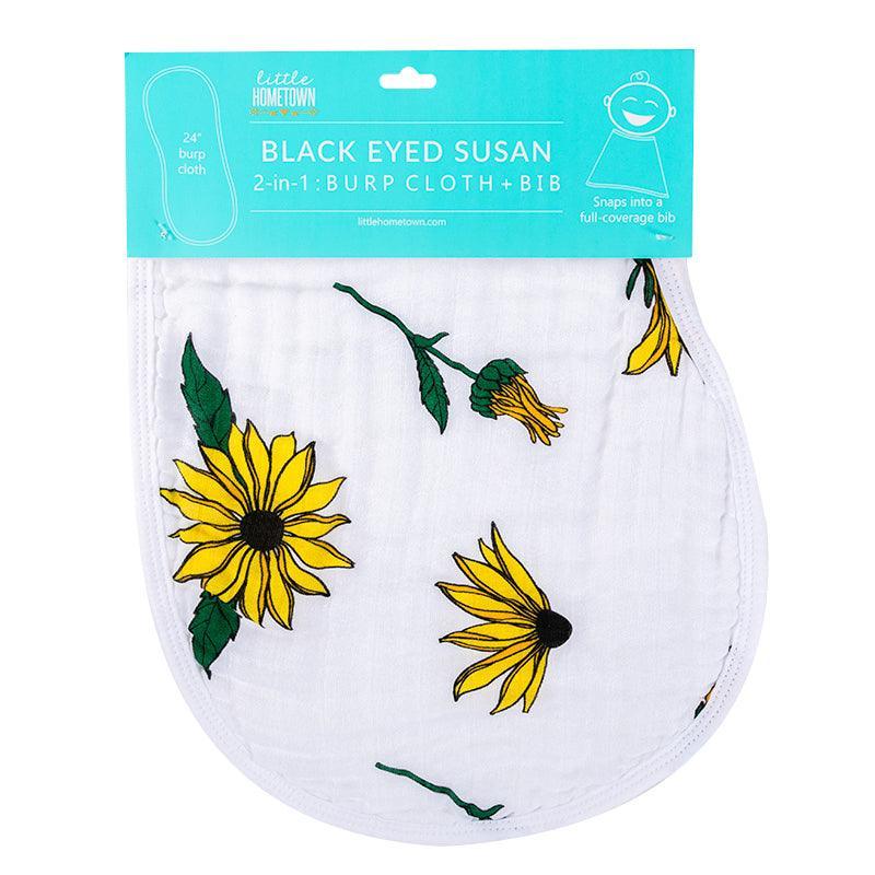 Baby bib and burp cloth set with vibrant black-eyed Susan floral pattern on a white background.