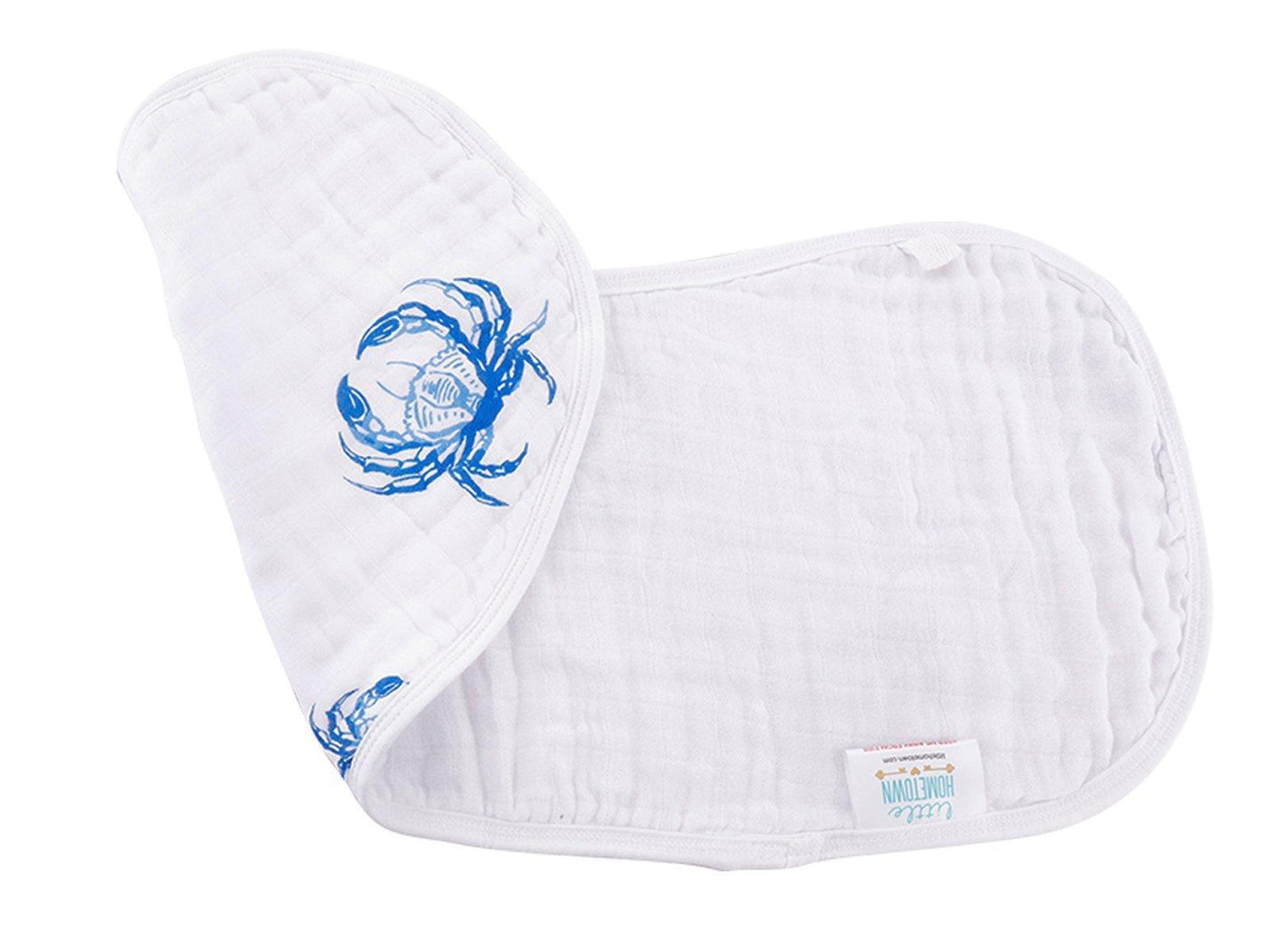 Blue crab-themed baby bib and burp cloth set with playful crab illustrations on a white background.