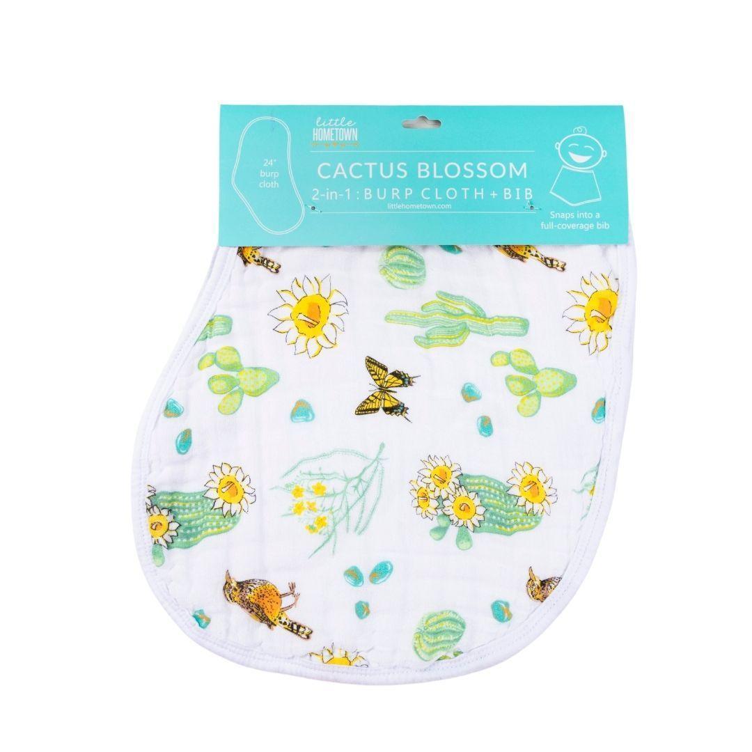 Baby burp cloth and bib set with colorful cactus blossom design on a white background, by Little Hometown.