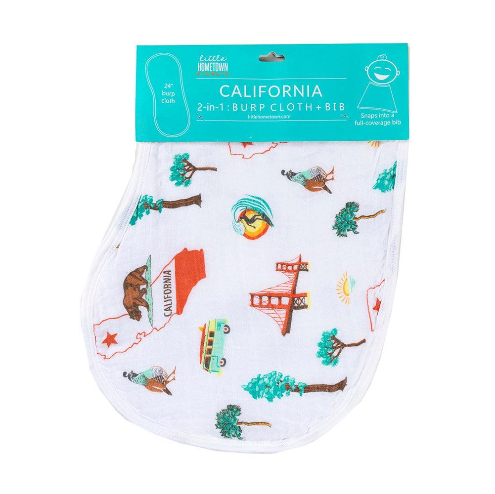 Baby bib and burp cloth set featuring California-themed illustrations, including palm trees and surfboards.