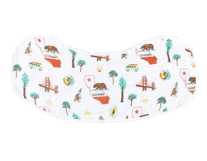 Baby bib and burp cloth set with California-themed designs, featuring landmarks and icons in pastel colors.
