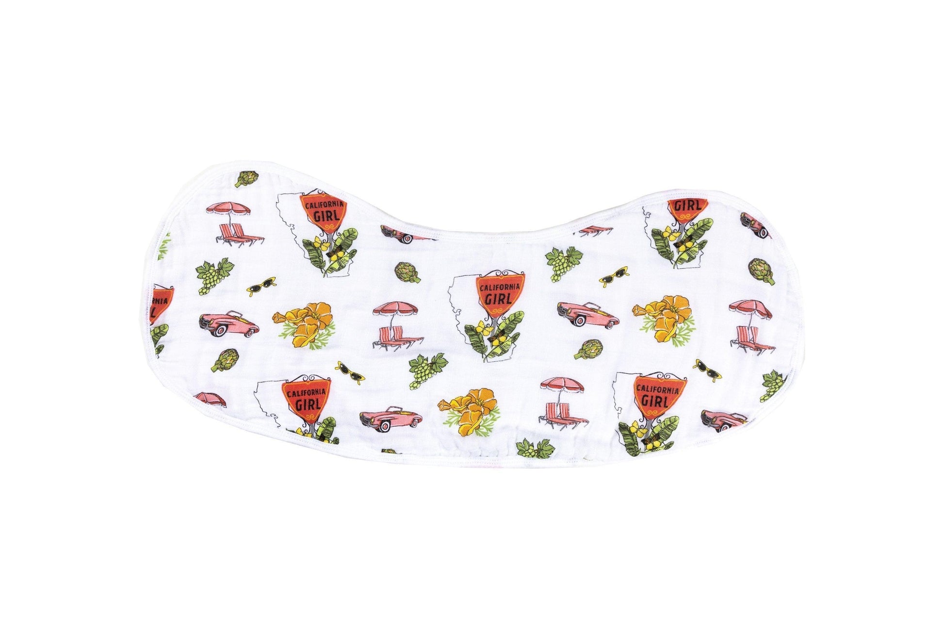 Baby bib and burp cloth set with "California Girl" text, featuring pink and white floral patterns.