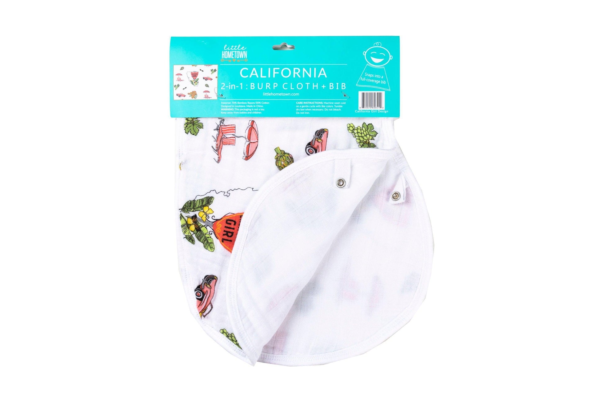 Baby bib and burp cloth set with "California Girl" text, featuring pink and white floral patterns on soft fabric.