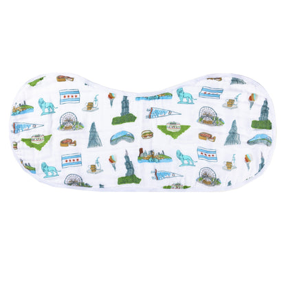 Chicago-themed baby bib and burp cloth set featuring iconic city landmarks in a playful, colorful design.