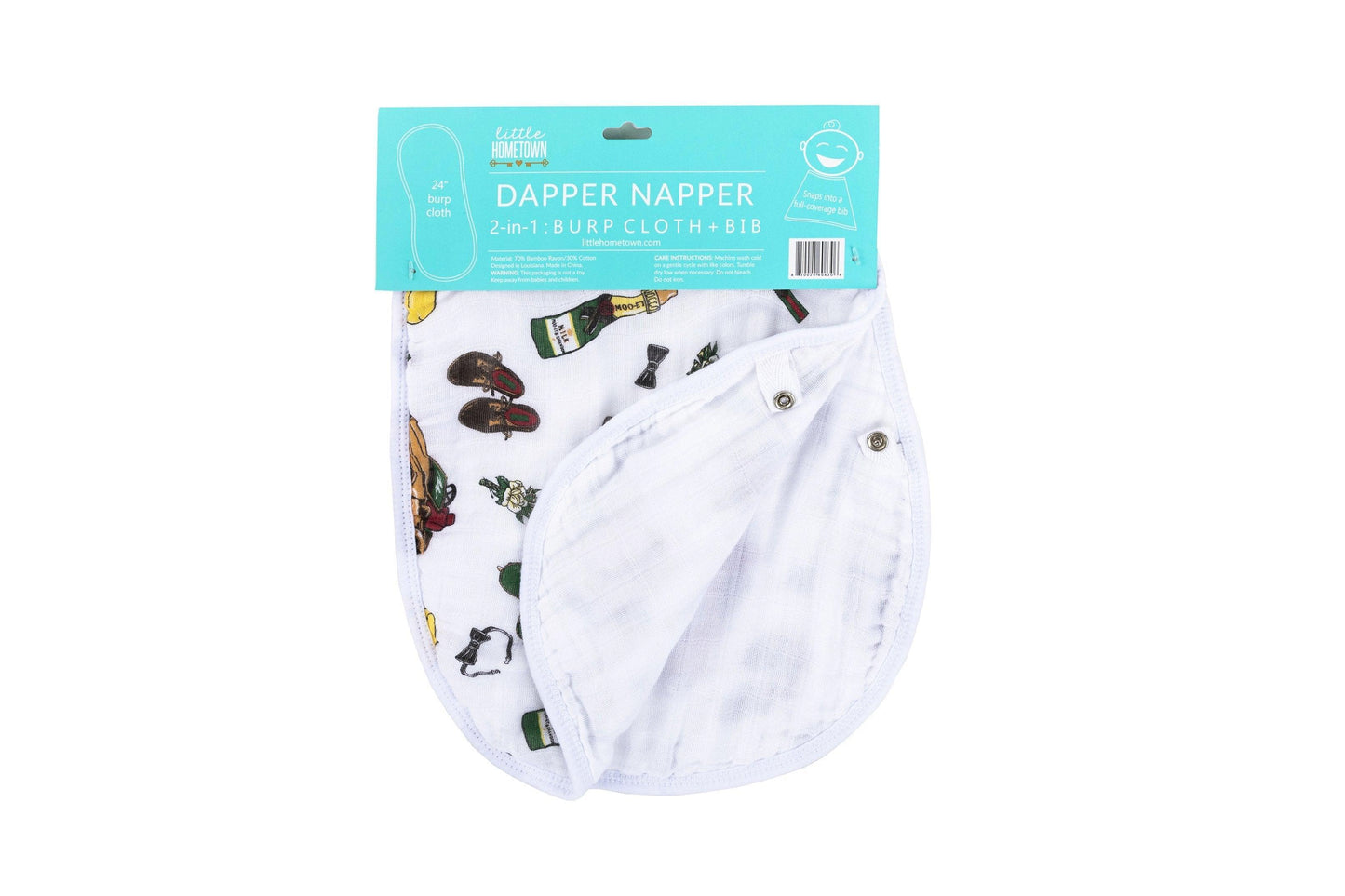 Baby bib and burp cloth set with a dapper napper design, featuring bow ties and mustaches on a white background.