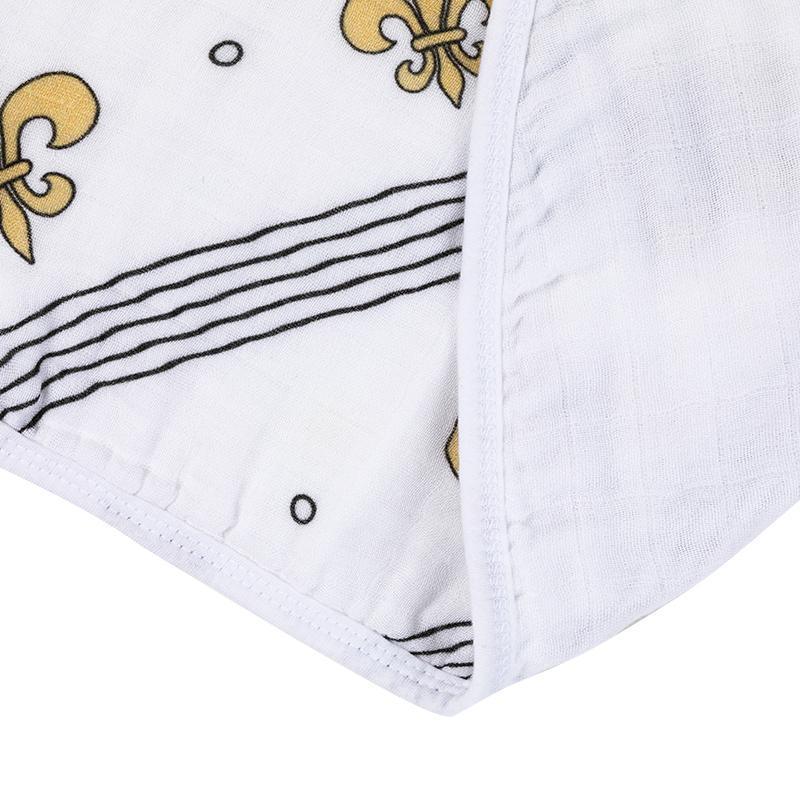 White baby bib and burp cloth set with blue fleur-de-lis pattern, neatly folded on a white background.