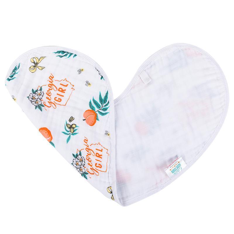 Georgia-themed baby bib and burp cloth set with peach illustrations and "Georgia Girl" text on a white background.