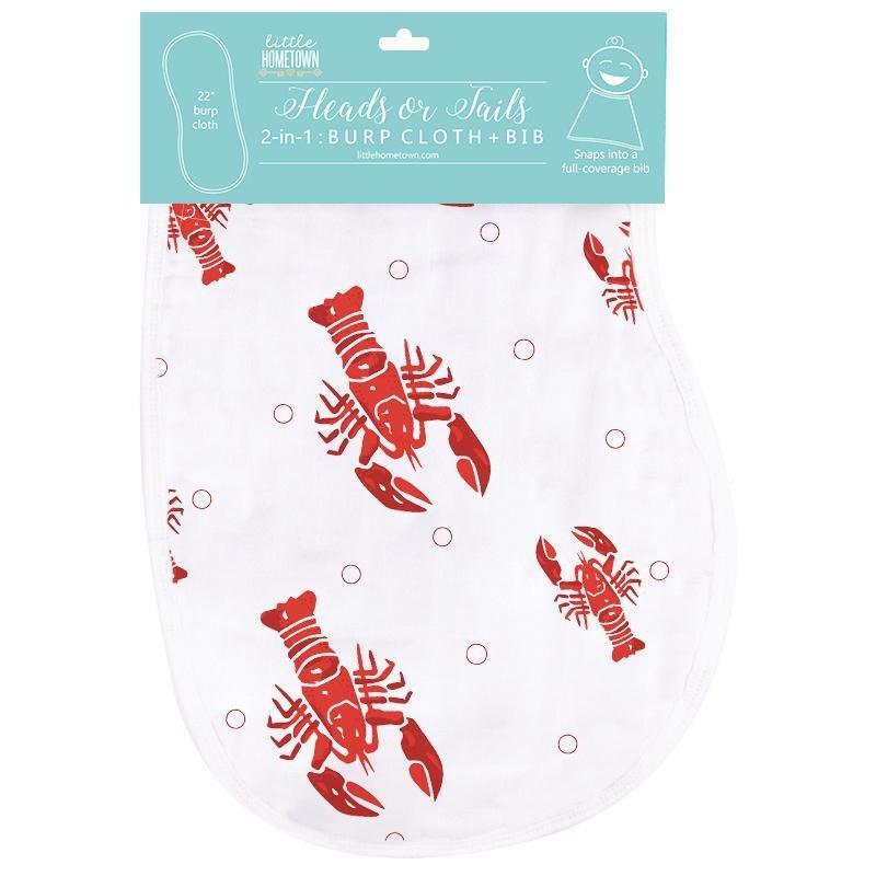Baby bib and burp cloth set with red crawfish and lobster pattern, labeled "Heads Tails" in playful font.