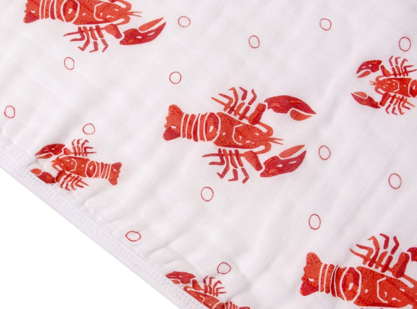 Baby bib and burp cloth set with red crawfish and lobster print, labeled "Little Hometown."