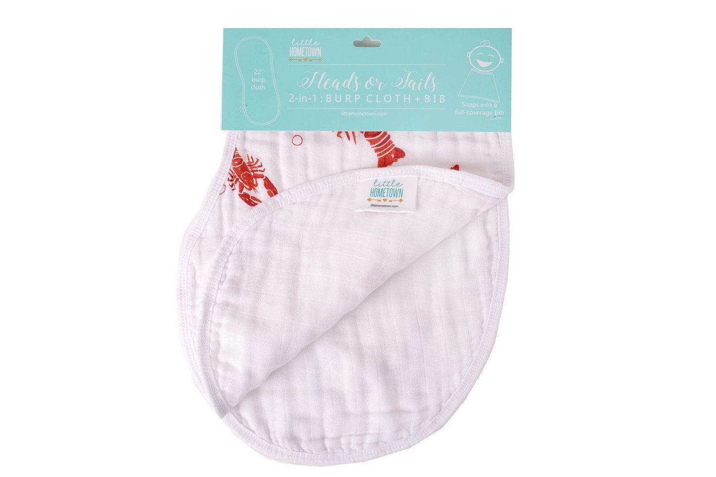 Baby bib and burp cloth set with red crawfish and lobster print, labeled "Heads Tails" on a white background.