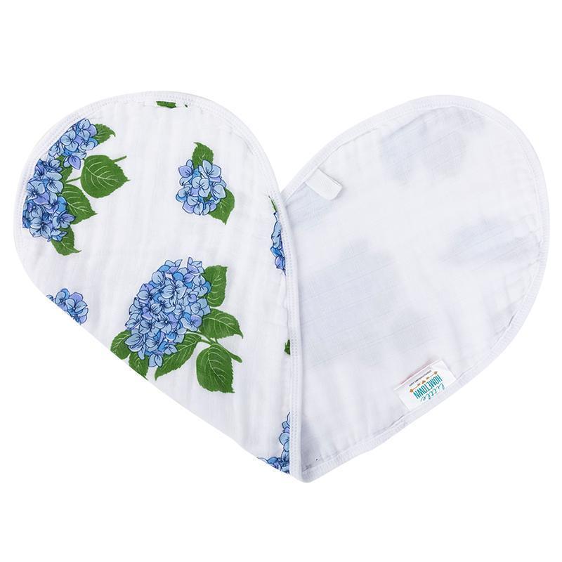 Baby bib and burp cloth set with blue hydrangea print, neatly folded on a white background.