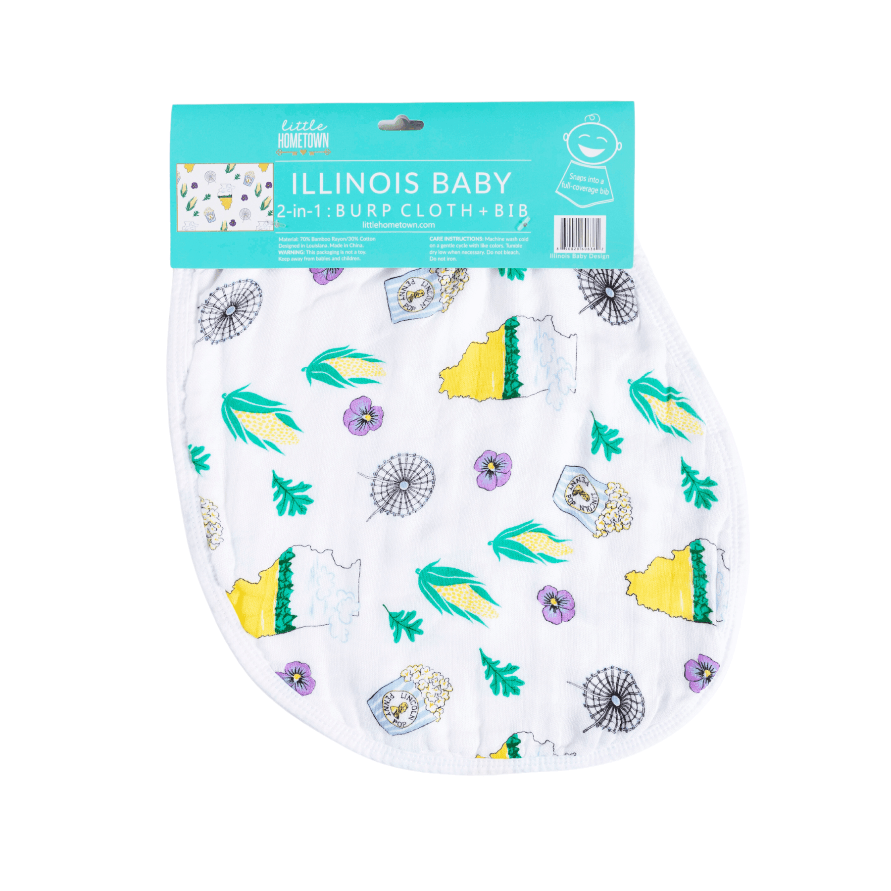 Baby bib and burp cloth set with Illinois state map design, featuring landmarks and icons in soft pastel colors.