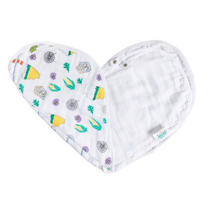 White baby bib and burp cloth set featuring a colorful Illinois state map with landmarks and "Illinois" text.