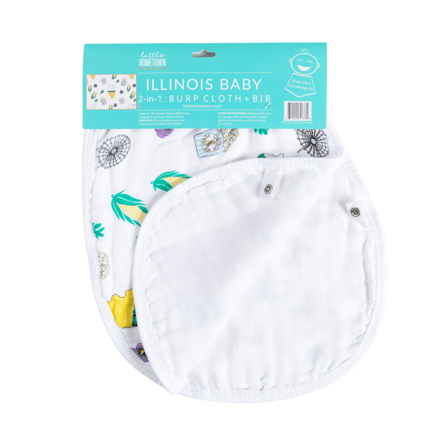 White baby bib and burp cloth set featuring a colorful Illinois state map with landmarks and "Illinois" text.