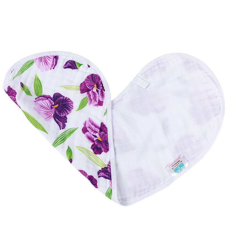Baby burp cloth and bib set with a floral iris pattern in soft pastel colors, displayed on a white background.
