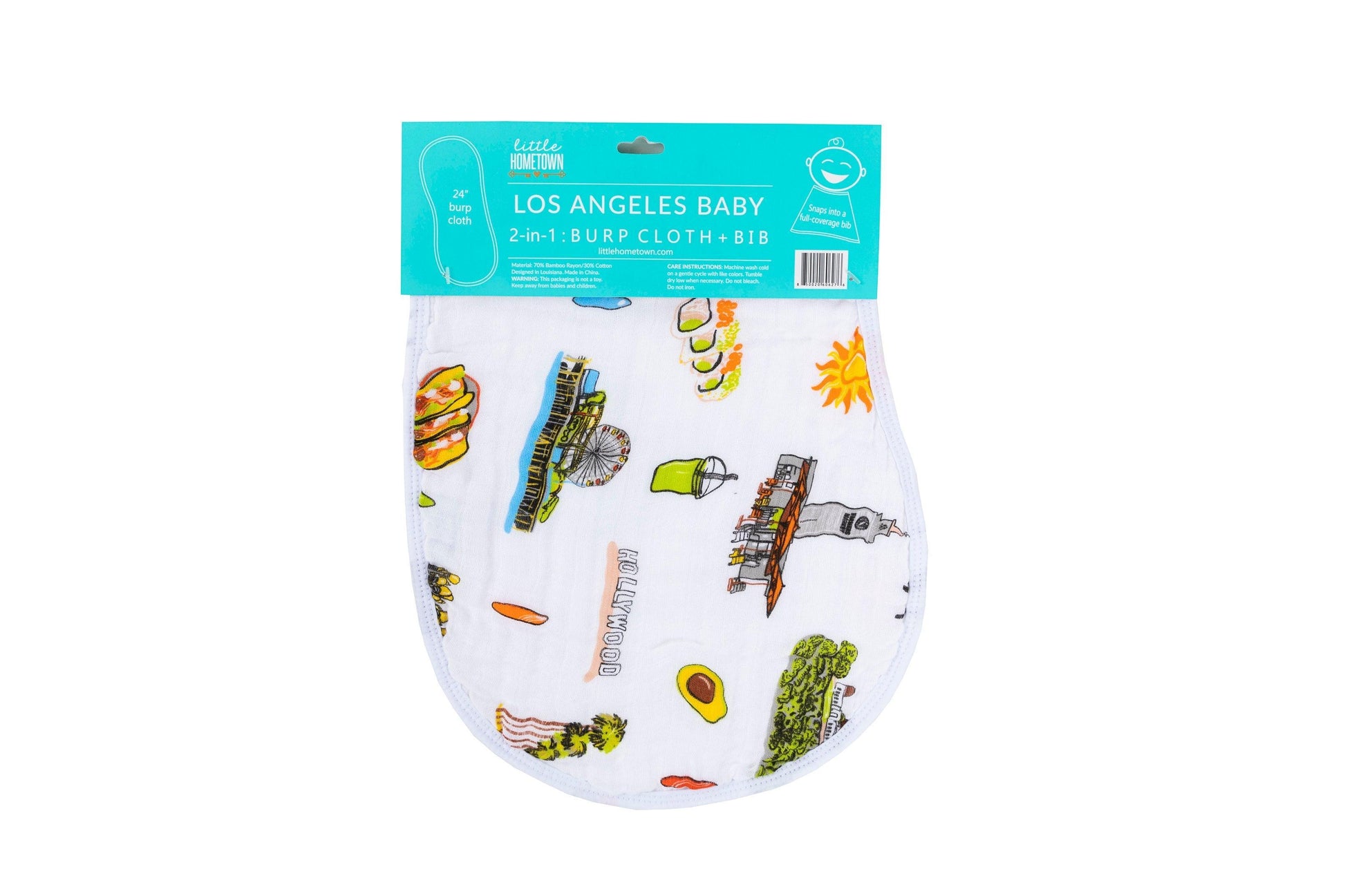Baby bib and burp cloth set featuring a Los Angeles map design with landmarks, in soft pastel colors.
