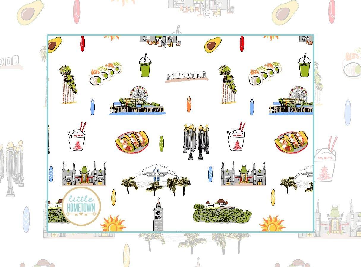 Los Angeles-themed baby bib and burp cloth set featuring iconic city landmarks in vibrant, playful illustrations.