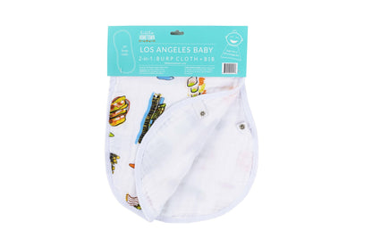 Baby bib and burp cloth set featuring a colorful Los Angeles cityscape design with iconic landmarks.