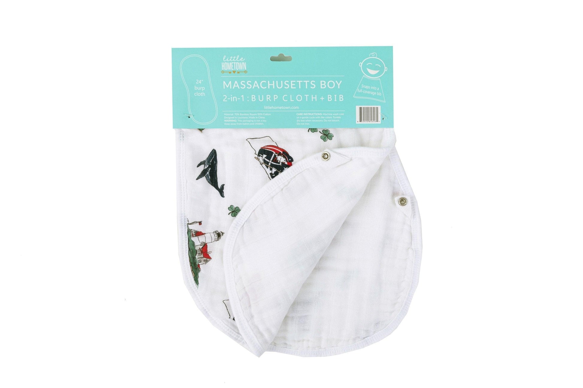 Massachusetts-themed baby bib and burp cloth set featuring state icons and landmarks in soft pastel colors.