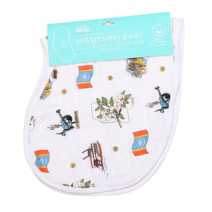 White baby bib and burp cloth set featuring a colorful map of Mississippi with landmarks and "Little Hometown" text.