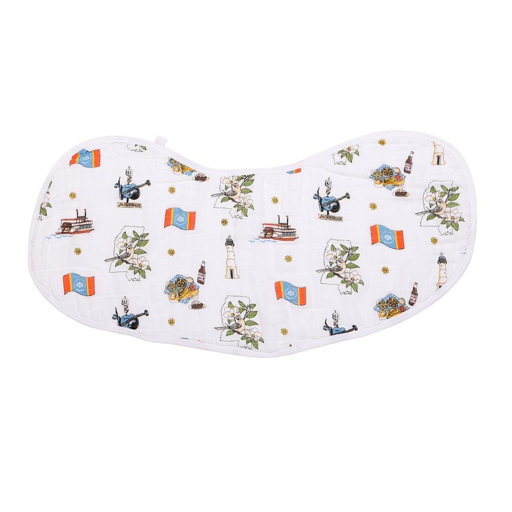 Baby bib and burp cloth set featuring a colorful map of Mississippi with landmarks and "Little Hometown" text.