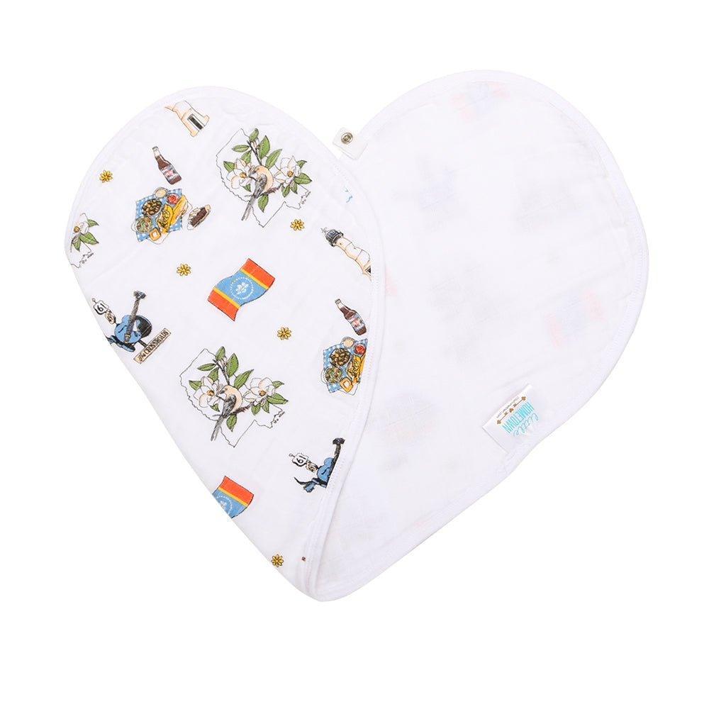 Baby bib and burp cloth set featuring a colorful map of Mississippi with landmarks and playful illustrations.