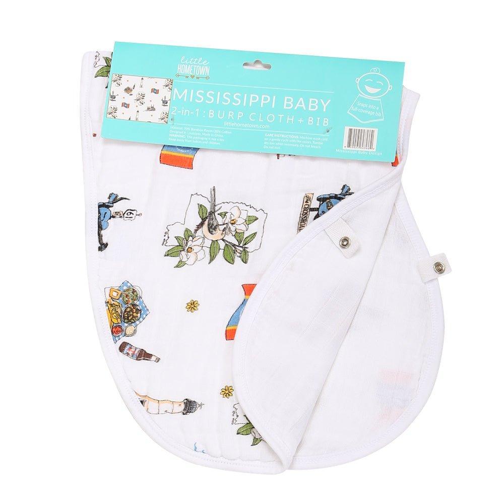 Baby burp cloth and bib set featuring a colorful map of Mississippi with landmarks and "Little Hometown" text.