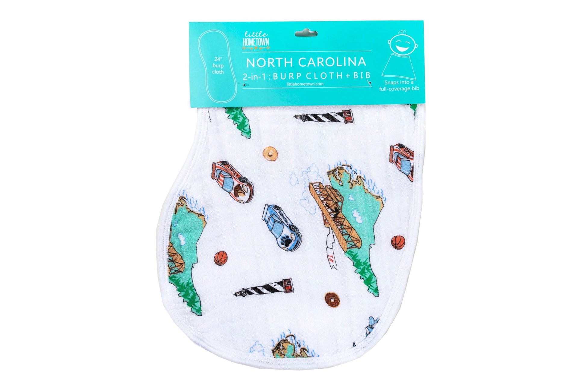 North Carolina-themed baby bib and burp cloth set featuring state icons and landmarks in soft pastel colors.