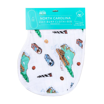 The North Carolina burp cloth and bib combo, printed with coastal lighthouses and little race cars.