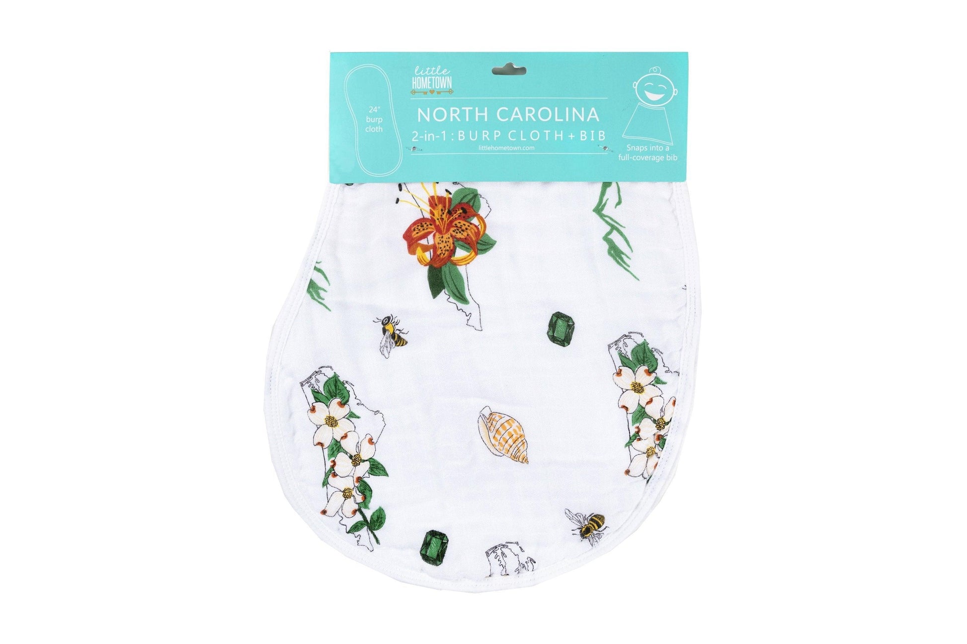 Baby burp cloth and bib set with North Carolina floral design, featuring vibrant flowers and state outline.