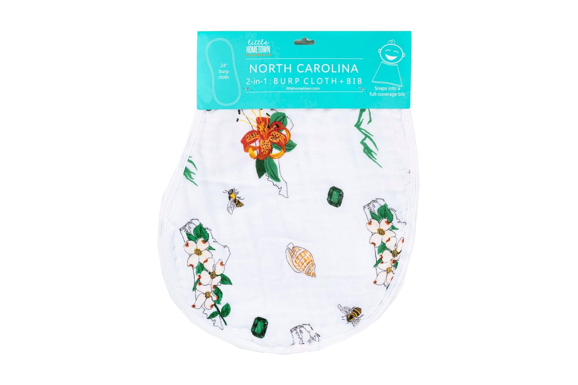 Baby bib and burp cloth set with North Carolina floral design, featuring vibrant flowers and state outline.