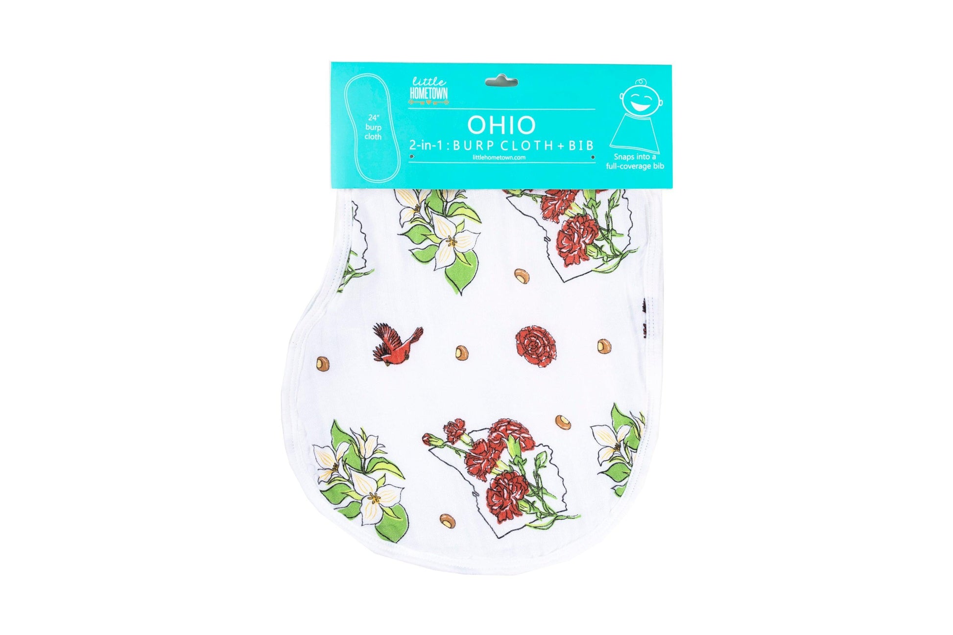 Baby bib and burp cloth set with Ohio floral design, featuring pink and blue flowers on a white background.